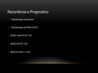 Recorrência e Prognostico
• Classificação de Simpson
• Classificação de WHO e KI 67
o WHO 1 tem KI 67 <1%
o WHO II KI 67 <2%
o WHO III KI 67 > 10%
 