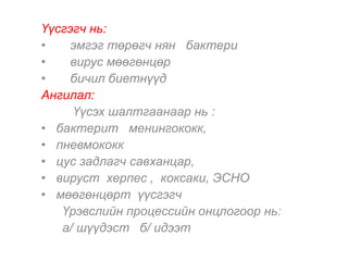 Үүсгэгч нь: 
• эмгэг төрөгч нян бактери 
• вирус мөөгөнцөр 
• бичил биетнүүд 
Ангилал: 
Үүсэх шалтгаанаар нь : 
• бактерит менингококк, 
• пневмококк 
• цус задлагч савханцар, 
• вируст херпес , коксаки, ЭСНО 
• мөөгөнцөрт үүсгэгч 
Үрэвслийн процессийн онцлогоор нь: 
а/ шүүдэст б/ идээт 
 