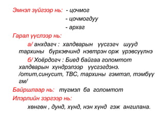 Эмнэл зүйгээр нь: - цочмог 
- цочмогдуу 
- архаг 
Гарал үүслээр нь: 
а/ анхдагч : халдварын үүсгэгч шууд 
тархины бүрхэвчинд нэвтрэн орж үрэвсүүлнэ 
б/ Хоёрдогч : Биед байгаа голомтот 
халдварын хүндрэлээр үүсгэгдэнэ. 
/отит,синусит, ТВС, тархины гэмтэл, тэмбүү 
гм/ 
Байршлаар нь: түгмэл ба голомтот 
Илэрлийн зэргээр нь: 
хөнгөн , дунд, хүнд, нэн хүнд гэж ангилана. 
 