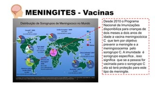 MENINGITES - Vacinas
Desde 2010 o Programa
Nacional de Imunizações
disponibiliza para crianças de
dois meses a dois anos de
idade a vacina meningocócica
C que tem por objetivo
prevenir a meningite e a
meningococemia pelo
sorogrupo C. A imunidade é
sorogrupo específica , isso
significa que se a pessoa for
vacinada para o sorogrupo C
ela só terá proteção para este
tipo de meningite.
 