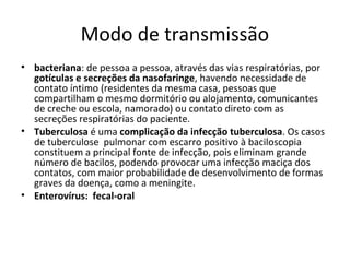 Modo de transmissão 
• bacteriana: de pessoa a pessoa, através das vias respiratórias, por 
gotículas e secreções da nasofaringe, havendo necessidade de 
contato íntimo (residentes da mesma casa, pessoas que 
compartilham o mesmo dormitório ou alojamento, comunicantes 
de creche ou escola, namorado) ou contato direto com as 
secreções respiratórias do paciente. 
• Tuberculosa é uma complicação da infecção tuberculosa. Os casos 
de tuberculose pulmonar com escarro positivo à baciloscopia 
constituem a principal fonte de infecção, pois eliminam grande 
número de bacilos, podendo provocar uma infecção maciça dos 
contatos, com maior probabilidade de desenvolvimento de formas 
graves da doença, como a meningite. 
• Enterovírus: fecal-oral 
 