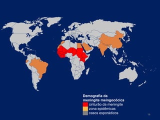 Demografia da
meningite meingocócica.
██ cinturão da meningite
██ zona epidêmicas
██ casos esporádicos

14

 