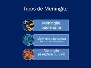Tipos de Meningite
Meningite
bacteriana
Meningite tuberculosa
bacilos da tuberculose

Meningite
asséptica ou viral
3

 