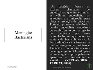 Meningite
Bacteriana
As bactérias liberam as
toxinas chamadas de
endotoxinas, que irá estimular
as células endoteliais, os
astrócitos e a micróglia para
obter a produção de citocinas.
Portanto, promovem adesão das
células endoteliais vasculares
do cérebro junto com a ligação
de leucócitos por essa
estimulação, na qual ocorrerá
ruptura da hematoliquórica. A
hematoliquórica é a barreira na
qual á passagem de proteínas e
leucócitos polimorfonucleares
do sangue que será levado para
as meninges e principalmente
aparecerá o aracnoidite e
vasculite. (VERLANGIERI;
FARHAT, 2008).
26/06/2017 Meningite Bacteriana 11
 