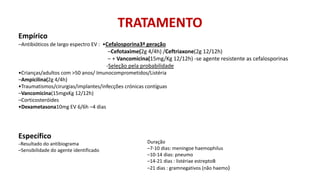 TRATAMENTO
Empírico
–Antibióticos de largo espectro EV : •Cefalosporina3ª geração
–Cefotaxime(2g 4/4h) /Ceftriaxone(2g 12/12h)
– + Vancomicina(15mg/Kg 12/12h) -se agente resistente as cefalosporinas
-Seleção pela probabilidade
•Crianças/adultos com >50 anos/ Imunocomprometidos/Listéria
–Ampicilina(2g 4/4h)
•Traumatismos/cirurgias/implantes/infecções crónicas contíguas
–Vancomicina(15mgxKg 12/12h)
–Corticosteróides
•Dexametasona10mg EV 6/6h –4 dias
Específico
–Resultado do antibiograma
–Sensibilidade do agente identificado
Duração
–7-10 dias: meningoe haemophilus
–10-14 dias: pneumo
–14-21 dias : listériae estreptoB
–21 dias : gramnegativos (não haemo)
 