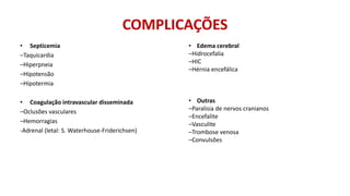 • Septicemia
–Taquicardia
–Hiperpneia
–Hipotensão
–Hipotermia
• Coagulação intravascular disseminada
–Oclusões vasculares
–Hemorragias
-Adrenal (letal: S. Waterhouse-Friderichsen)
COMPLICAÇÕES
• Edema cerebral
–Hidrocefalia
–HIC
–Hérnia encefálica
• Outras
–Paralisia de nervos cranianos
–Encefalite
–Vasculite
–Trombose venosa
–Convulsões
 