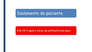 Isolamento do paciente
Até 24 h após o início da antibioticoterapia
 