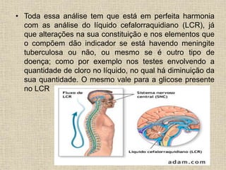 • Toda essa análise tem que está em perfeita harmonia 
com as análise do líquido cefalorraquidiano (LCR), já 
que alterações na sua constituição e nos elementos que 
o compõem dão indicador se está havendo meningite 
tuberculosa ou não, ou mesmo se é outro tipo de 
doença; como por exemplo nos testes envolvendo a 
quantidade de cloro no líquido, no qual há diminuição da 
sua quantidade. O mesmo vale para a glicose presente 
no LCR 
 