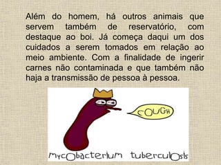 . 
Além do homem, há outros animais que 
servem também de reservatório, com 
destaque ao boi. Já começa daqui um dos 
cuidados a serem tomados em relação ao 
meio ambiente. Com a finalidade de ingerir 
carnes não contaminada e que também não 
haja a transmissão de pessoa à pessoa. 
 