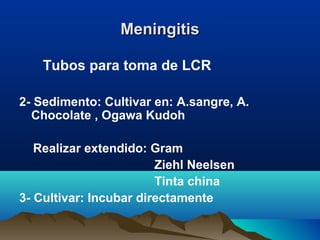 MeningitisMeningitis
Tubos para toma de LCR
2- Sedimento: Cultivar en: A.sangre, A.
Chocolate , Ogawa Kudoh
Realizar extendido: Gram
Ziehl Neelsen
Tinta china
3- Cultivar: Incubar directamente
 