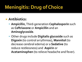    Antibiotics:
     Ampicillin, Third-generation Cephalosporin such
      as Ceftriaxone or Ampicillin and an
      Aminoglycoside.
     Other drugs include Digitalis glycoside such as
      Digoxin (to control arrythmias), Mannitol (to
      decrease cerebral edema) or a Sedative (to
      reduce restlessness) and Aspirin or
      Acetaminophen (to relieve headache and fever).
 