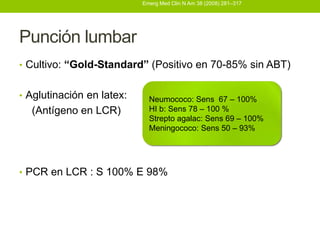 Emerg Med Clin N Am 38 (2008) 281–317




Punción lumbar
• Cultivo: “Gold-Standard” (Positivo en 70-85% sin ABT)


• Aglutinación en latex: Neumococo: Sens 67 – 100%
                            Neumococo: Sens 67 – 100%
  (Antígeno en LCR)        HI b: Sens 78 – 100 %
                           Strepto agalac: Sens 69 – 100%
                           Meningococo: Sens 50 – 93%




• PCR en LCR : S 100% E 98%
 