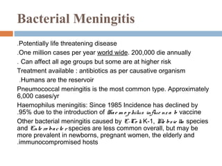 Bacterial Meningitis
.Potentially life threatening disease
.One million cases per year world wide. 200,000 die annually
. Can affect all age groups but some are at higher risk
Treatment available : antibiotics as per causative organism
 .Humans are the reservoir
Pneumococcal meningitis is the most common type. Approximately
6,000 cases/yr
Haemophilus meningitis: Since 1985 Incidence has declined by
.95% due to the introduction of Ha e m o p hilus influe nz a b vaccine
Other bacterial meningitis caused by E-Co li K-1, Kle bs ie lla species
and Ente ro ba c te r species are less common overall, but may be
more prevalent in newborns, pregnant women, the elderly and
.immunocompromised hosts
 