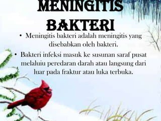 Meningitis
         Bakteri yang
 • Meningitis bakteri adalah meningitis
            disebabkan oleh bakteri.
• Bakteri infeksi masuk ke susunan saraf pusat
  melaluiu peredaran darah atau langsung dari
      luar pada fraktur atau luka terbuka.
 