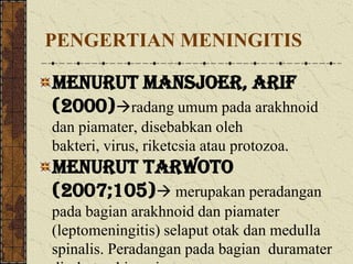 PENGERTIAN MENINGITIS

Menurut Mansjoer, Arif
(2000)radang umum pada arakhnoid
dan piamater, disebabkan oleh
bakteri, virus, riketcsia atau protozoa.
Menurut Tarwoto
(2007;105) merupakan peradangan
pada bagian arakhnoid dan piamater
(leptomeningitis) selaput otak dan medulla
spinalis. Peradangan pada bagian duramater
 