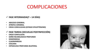 COMPLICACIONES
 FASE INTERMADIA(7 – 14 DÍAS)
• ABSCESO CEREBRAL
• ATROFIA CEREBRAL
• CRISIS CONVULSIVAS (ESTADO EPILEPTÓGENO)
 FASE TARDIA (SECUELAS POSTINFECCIÓN)
• CRISIS CONVULSIVA
• DAÑO NEUROLOGICO PROFUNDO
• HEMIPARESIA
• CUADRIPARESIA
• CEGUERA
• HIPOACUSIA PROFUNDA BILATERAL
 