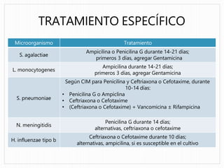 TRATAMIENTO ESPECÍFICO
Microorganismo Tratamiento
S. agalactiae
Ampicilina o Penicilina G durante 14-21 días;
primeros 3 días, agregar Gentamicina
L. monocytogenes
Ampicilina durante 14-21 días;
primeros 3 días, agregar Gentamicina
S. pneumoniae
Según CIM para Penicilina y Ceftriaxona o Cefotaxime, durante
10-14 días:
• Penicilina G o Ampiclina
• Ceftriaxona o Cefotaxime
• (Ceftriaxona o Cefotaxime) + Vancomicina ± Rifampicina
N. meningitidis
Penicilina G durante 14 días;
alternativas, ceftriaxona o cefotaxime
H. influenzae tipo b
Ceftriaxona o Cefotaxime durante 10 días;
alternativas, ampicilina, si es susceptible en el cultivo
 