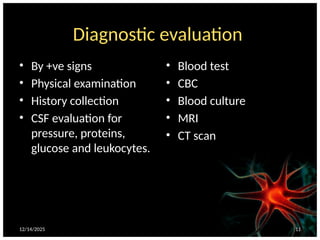 12/14/2025 11
Diagnostic evaluation
• By +ve signs
• Physical examination
• History collection
• CSF evaluation for
pressure, proteins,
glucose and leukocytes.
• Blood test
• CBC
• Blood culture
• MRI
• CT scan
 