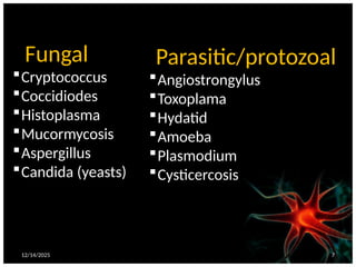 12/14/2025 7
Fungal
Cryptococcus
Coccidiodes
Histoplasma
Mucormycosis
Aspergillus
Candida (yeasts)
Parasitic/protozoal
Angiostrongylus
Toxoplama
Hydatid
Amoeba
Plasmodium
Cysticercosis
 