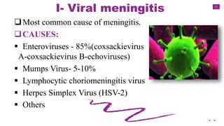 11
I- Viral meningitis
Most common cause of meningitis.
CAUSES:
 Enteroviruses - 85%(coxsackievirus
A-coxsackievirus B-echoviruses)
 Mumps Virus- 5-10%
 Lymphocytic choriomeningitis virus
 Herpes Simplex Virus (HSV-2)
 Others
 