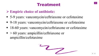 45
Treatment
 Empiric choice of antibiotic:
 5-9 years: vancomycin/ceftriaxone or cefotaxime
 9-18 years: vancomycin/ceftriaxone or cefotaxime
 18-60 years: vancomycin/ceftriaxone or cefotaxime
 > 60 years: ampicillin/ceftriaxone or
ampicillin/cefotaxime
 