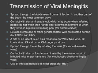 Transmission of Viral Meningitis
 Spread through the bloodstream from an infection in another part of
the body (the most common way)
 Contact with contaminated stool, which may occur when infected
people do not wash their hands after a bowel movement or when
they swim in a public swimming pool (for enteroviruses)
 Sexual intercourse or other genital contact with an infected person
(for HSV-2 and HIV)
 A bite of an insect, such as a mosquito (for West Nile virus, St.
Louis virus, Zika virus, or Chikungunya virus)
 Spread through the air by inhaling the virus (for varicella-zoster
virus)
 Contact with dust or food contaminated by the urine or stool of
infected mice or pet hamsters (for lymphocytic choriomeningitis
virus)
 Use of infected needles to inject drugs (for HIV)
 