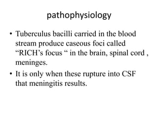 pathophysiology
• Tuberculus bacilli carried in the blood
stream produce caseous foci called
“RICH’s focus “ in the brain, spinal cord ,
meninges.
• It is only when these rupture into CSF
that meningitis results.
 