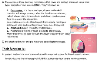  Meninges are three layers of membranes that cover and protect brain and spinal cord
(your central nervous system [CNS]). They’re known as:
1. Dura mater: it is the outer layer, closest to the skull.
contains a drainage system, called the dural venous sinuses,
which allows blood to leave brain and allows cerebrospinal
fluid to re-enter the circulation.
dura mater receives its blood supply from middle meningeal
artery and vein, and your trigeminal nerve runs through it.
2. Arachnoid mater: This is the middle layer..
3. Pia mater: is the inner layer, closest to brain tissue.
Many blood vessels pass through this layer to supply brain tissue
with blood
 the arachnoid mater and pia mater are called leptomeninges.
Their function is :
 protect and anchor your brain and provide a support system for blood vessels, nerves,
lymphatics and the cerebrospinal fluid that surrounds your central nervous system.
 