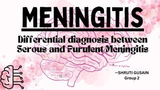 —SHRUTI GUSAIN
Group 2
Meningitis
Differential diagnosis between
Serous and Purulent Meningitis
 