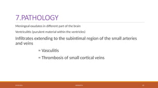 09/03/2024 MENINGITIS 25
7.PATHOLOGY
Meningeal exudates in different part of the brain
Ventriculitis (purulent material within the ventricles)
Infiltrates extending to the subintimal region of the small arteries
and veins
= Vasculitis
= Thrombosis of small cortical veins
 