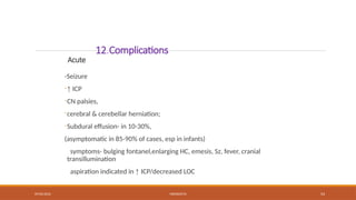 09/03/2024 MENINGITIS 54
12.Complications
Acute
-Seizure
-↑ ICP
-CN palsies,
-cerebral & cerebellar herniation;
-Subdural effusion- in 10-30%,
(asymptomatic in 85-90% of cases, esp in infants)
symptoms- bulging fontanel,enlarging HC, emesis, Sz, fever, cranial
transillumination
aspiration indicated in ↑ ICP/decreased LOC
 