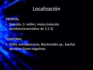 Localización
FRONTAL
• Sinusitis: S. milleri, mixto (relación
aerobios/anaerobios de 1:1.5)
TEMPORAL
• Otitis: estreptococos, Bacteroides sp., bacilos
aerobios Gram negativos
 