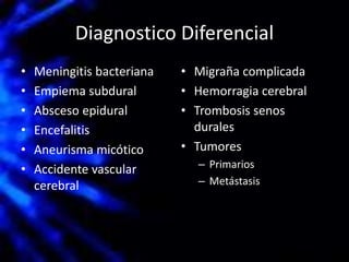 Diagnostico Diferencial
• Meningitis bacteriana
• Empiema subdural
• Absceso epidural
• Encefalitis
• Aneurisma micótico
• Accidente vascular
cerebral
• Migraña complicada
• Hemorragia cerebral
• Trombosis senos
durales
• Tumores
– Primarios
– Metástasis
 
