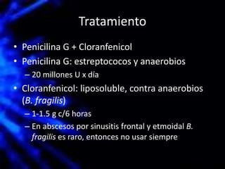Tratamiento
• Penicilina G + Cloranfenicol
• Penicilina G: estreptococos y anaerobios
– 20 millones U x día
• Cloranfenicol: liposoluble, contra anaerobios
(B. fragilis)
– 1-1.5 g c/6 horas
– En abscesos por sinusitis frontal y etmoidal B.
fragilis es raro, entonces no usar siempre
 