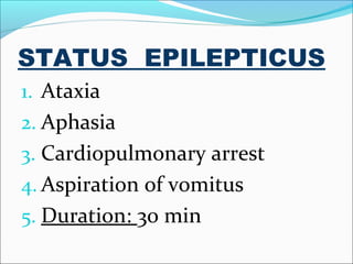 STATUS EPILEPTICUS
1. Ataxia
2. Aphasia
3. Cardiopulmonary arrest
4. Aspiration of vomitus
5. Duration: 30 min

 
