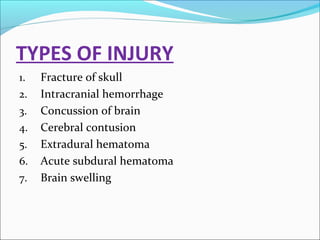TYPES OF INJURY
1.
2.
3.
4.
5.
6.
7.

Fracture of skull
Intracranial hemorrhage
Concussion of brain
Cerebral contusion
Extradural hematoma
Acute subdural hematoma
Brain swelling

 
