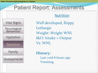 Ketan Thummar-Hydrochephalus in children

Patient Report: Assessments
Nutrition
Well developed, floppy
Lethargic
Weight: Weight WNL
I&O: Intake = Output
Vs: WNL
History:
Last void 8 hours ago
Vomiting

 