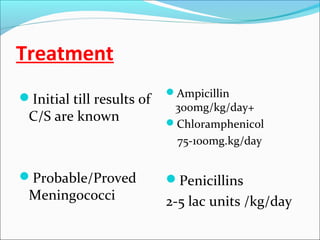 Treatment
Initial till results of

Ampicillin

Probable/Proved

Penicillins

C/S are known

Meningococci

300mg/kg/day+
Chloramphenicol
75-100mg.kg/day

2-5 lac units /kg/day

 