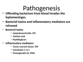 Pathogenesis
• Offending bacterium from blood invades the
leptomeninges.
• Bacterial toxins and Inflammatory mediators are
released.
• Bacterial toxins
• Lipopolysaccharide, LPS
• Teichoic acid
• Peptidoglycan
• Inflammatory mediators
• Tumor necrosis factor, TNF
• Interleukin-1, IL-1
• Prostaglandin E2, PGE2
 