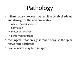 Pathology
• Inflammatory process may result in cerebral edema
and damage of the cerebral cortex.
– Altered Consciousness
– Convulsion
– Motor disturbance
– Sensory disturbance
• Meningeal irritation sign is found because the spinal
nerve root is irritated.
• Cranial nerve may be damaged
 