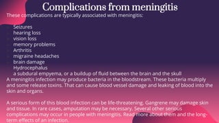 Complications from meningitis
These complications are typically associated with meningitis:
 Seizures
 hearing loss
 vision loss
 memory problems
 Arthritis
 migraine headaches
 brain damage
 Hydrocephalus
 a subdural empyema, or a buildup of fluid between the brain and the skull
A meningitis infection may produce bacteria in the bloodstream. These bacteria multiply
and some release toxins. That can cause blood vessel damage and leaking of blood into the
skin and organs.
A serious form of this blood infection can be life-threatening. Gangrene may damage skin
and tissue. In rare cases, amputation may be necessary. Several other serious
complications may occur in people with meningitis. Read more about them and the long-
term effects of an infection.
 