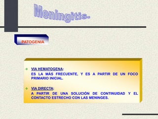  VIA HEMATOGENA:
ES LA MÁS FRECUENTE, Y ES A PARTIR DE UN FOCO
PRIMARIO INICIAL.
 VIA DIRECTA:
A PARTIR DE UNA SOLUCIÓN DE CONTINUIDAD Y EL
CONTACTO ESTRECHO CON LAS MENINGES.
PATOGENIA
 