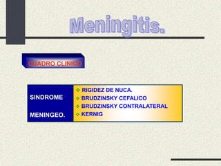 SINDROME
MENINGEO.
 RIGIDEZ DE NUCA.
 BRUDZINSKY CEFALICO
 BRUDZINSKY CONTRALATERAL
 KERNIG
CUADRO CLINICO
 