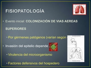 • Evento inicial: COLONIZACIÓN DE VIAS AEREAS

SUPERIORES

• Por gérmenes patógenos (varían según edad)

• Invasión del epitelio depende de:
• Virulencia del microorganismo
• Factores defensivos del hospedero

 