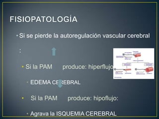 • Si se pierde la autoregulación vascular cerebral
:

• Si la PAM

produce: hiperflujo

• EDEMA CEREBRAL

•

Si la PAM

produce: hipoflujo:

• Agrava la ISQUEMIA CEREBRAL

 