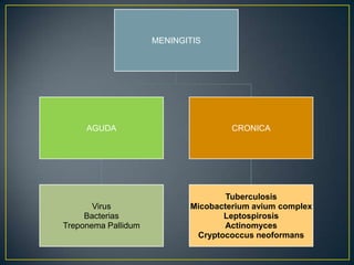 MENINGITIS

AGUDA

CRONICA

Virus
Bacterias
Treponema Pallidum

Tuberculosis
Micobacterium avium complex
Leptospirosis
Actinomyces
Cryptococcus neoformans

 