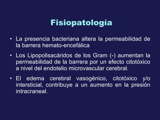 Fisiopatología La presencia bacteriana altera la permeabilidad de la barrera hemato-encefálica Los Lipopolisacáridos de los Gram  (-)  aumentan la permeabilidad de la barrera por un efecto citotóxico a nivel del endotelio microvascular cerebral. El edema cerebral vasogénico, citotóxico y/o intersticial, contribuye a un aumento en la presión intracraneal . 