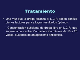 Tratamiento Una vez que la droga alcanza el L.C.R deben confluir ciertos factores para a   lograr resultados óptimos: - C oncentración suficiente de droga libre en L.C.R, que supere la concentración bactericida mínima  de  10 a 20 veces, ausencia de antagonismo antibiótico. 