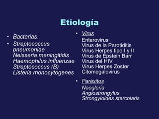 Etiología Bacterias  Streptococcus pneumoniae Neisseria meningitidis Haemophilus influenzae Streptococcus (B) Listeria monocytogenes Virus Enterovirus Virus de la Parotiditis Virus Herpes tipo I y II Virus de Epstein Barr Virus del HIV Virus Herpes Zoster Citomegalovirus Parásitos Naegleria Angiostrongylus Strongyloides stercolaris 