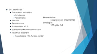  UCI pediátrica
 Tratamiento antibiótico
 Cefotaxima
 Vancomicina
 Aciclovir
 Dexametasona
 Gafas nasales a 2.5l.
 Suero (17h) Alimentación vía oral
 Analíticas de control
 Coagulopatía No Punción lumbar
Hemocultivos:
Streptococcus pneumoniae
Serologías:
VEB IgM e IgG
 